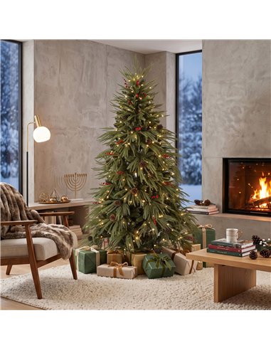 HOMCOM 6ft Artificial Christmas Tree with Pinecones, Red Berries, Hinged Predecorated Xmas Tree with 2843 Branch Tips