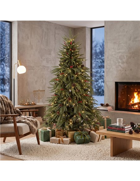 HOMCOM 6ft Artificial Christmas Tree with Pinecones, Red Berries, Hinged Predecorated Xmas Tree with 2843 Branch Tips - pic 208852 | FastDaddyshop