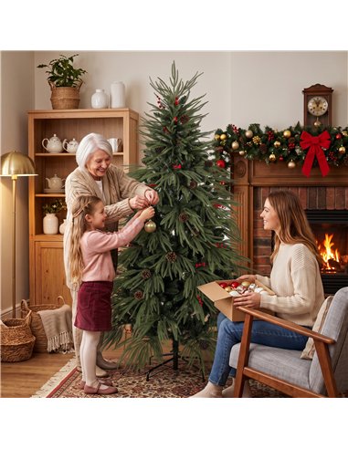 HOMCOM 6ft Artificial Christmas Tree with Pinecones, Red Berries, Hinged Predecorated Xmas Tree with 2843 Branch Tips