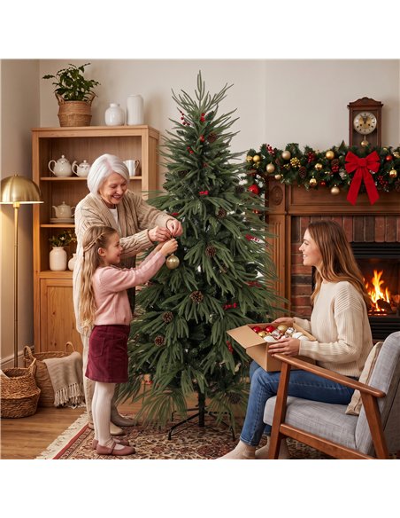 HOMCOM 6ft Artificial Christmas Tree with Pinecones, Red Berries, Hinged Predecorated Xmas Tree with 2843 Branch Tips - pic 208853 | FastDaddyshop