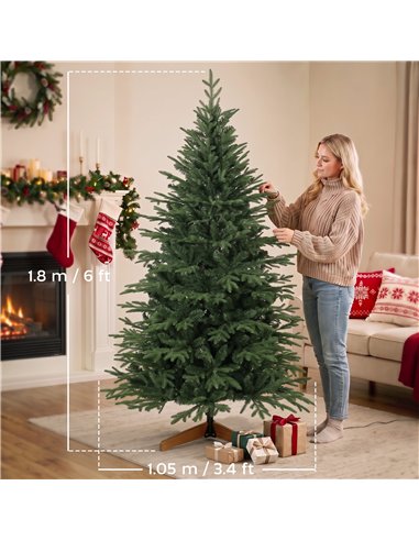 HOMCOM 180 cm Artificial Christmas Tree Full Hinged Xmas Tree Solid Pine Wood Stand, Green