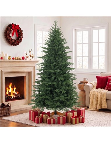 HOMCOM 7ft Artificial Christmas Tree Full Hinged Xmas Tree Solid Pine Wood Stand, Green