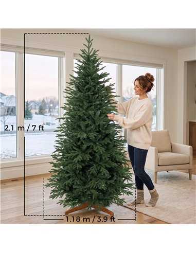 HOMCOM 7ft Artificial Christmas Tree Full Hinged Xmas Tree Solid Pine Wood Stand, Green