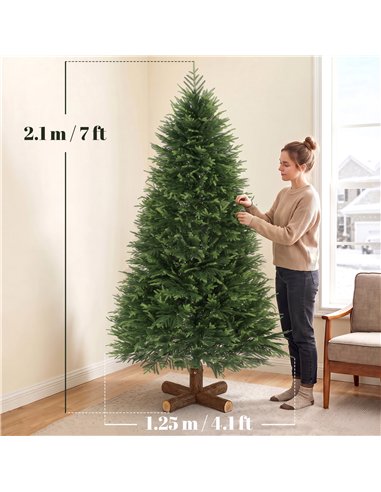 HOMCOM 7ft Artificial Christmas Tree, Hinged Xmas Tree with Realistic 1071 PE & PVC Branch Tips, Fir Wood Base, Green