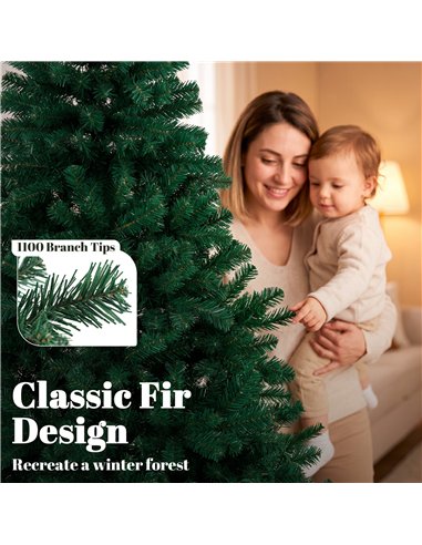 HOMCOM 7ft Artificial Christmas Tree, Fir Hinged Xmas Tree with 1100 Branch Tips, Foldable Steel Stand, Green