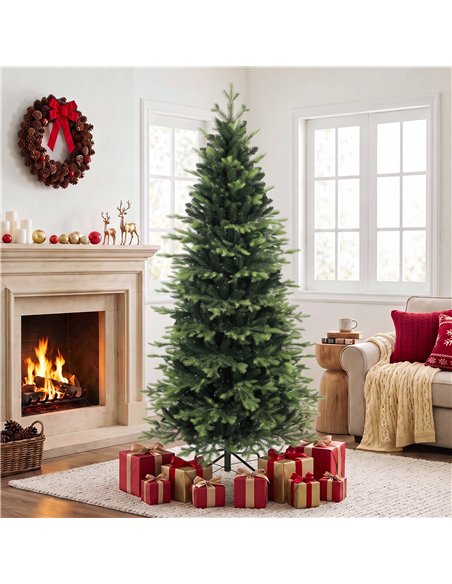 HOMCOM Geneva Fir Hinged Xmas Tree, 7ft/210cm Artificial Christmas Tree with 2079 Branch Tips, Foldable Steel Stand, Green - pic 208945 | FastDaddyshop