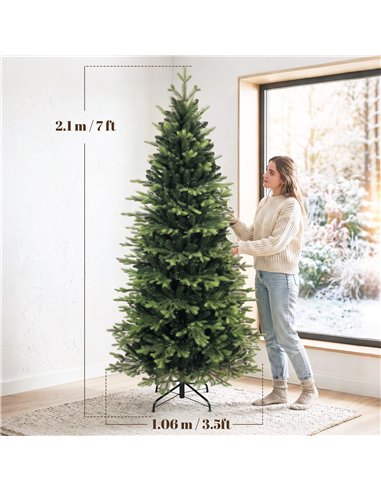 HOMCOM Geneva Fir Hinged Xmas Tree, 7ft/210cm Artificial Christmas Tree with 2079 Branch Tips, Foldable Steel Stand, Green