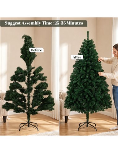 HOMCOM 6ft Artificial Christmas Tree, Fir Hinged Xmas Tree with 700 Branch Tips, Foldable Steel Stand, Green