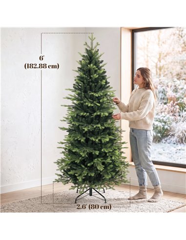 HOMCOM Geneva Fir Hinged Xmas Tree, 6ft/180cm Artificial Christmas Tree with 1610 Branch Tips, Foldable Steel Stand, Green