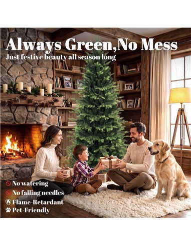 HOMCOM Geneva Fir Hinged Xmas Tree, 6ft/180cm Artificial Christmas Tree with 1610 Branch Tips, Foldable Steel Stand, Green