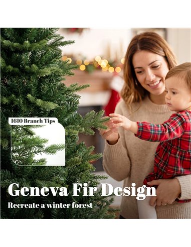 HOMCOM Geneva Fir Hinged Xmas Tree, 6ft/180cm Artificial Christmas Tree with 1610 Branch Tips, Foldable Steel Stand, Green