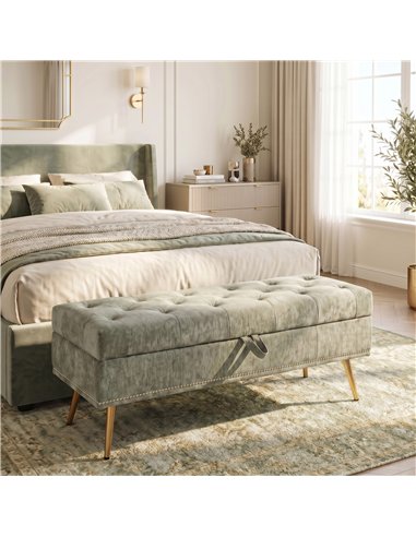HOMCOM Storage Ottoman, Chenille Upholstered Ottoman Storage Box with Padded Seat, Metal Legs, 114 x 41 x 45 cm, Light Green