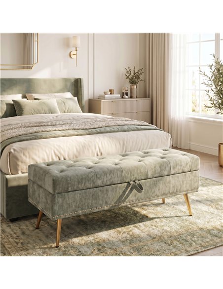 HOMCOM Storage Ottoman, Chenille Upholstered Ottoman Storage Box with Padded Seat, Metal Legs, 114 x 41 x 45 cm, Light Green - pic 208990 | FastDaddyshop