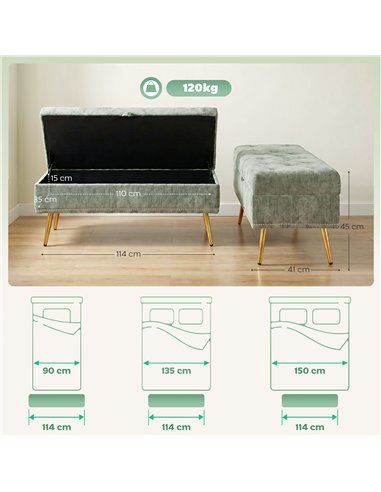HOMCOM Storage Ottoman, Chenille Upholstered Ottoman Storage Box with Padded Seat, Metal Legs, 114 x 41 x 45 cm, Light Green