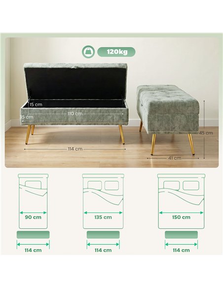 HOMCOM Storage Ottoman, Chenille Upholstered Ottoman Storage Box with Padded Seat, Metal Legs, 114 x 41 x 45 cm, Light Green - pic 208991 | FastDaddyshop