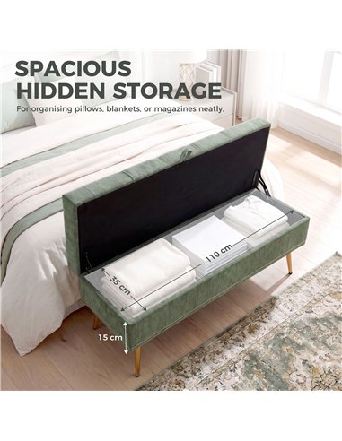 HOMCOM Storage Ottoman, Chenille Upholstered Ottoman Storage Box with Padded Seat, Metal Legs, 114 x 41 x 45 cm, Light Green