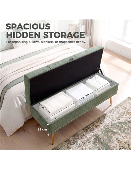 HOMCOM Storage Ottoman, Chenille Upholstered Ottoman Storage Box with Padded Seat, Metal Legs, 114 x 41 x 45 cm, Light Green - pic 208992 | FastDaddyshop