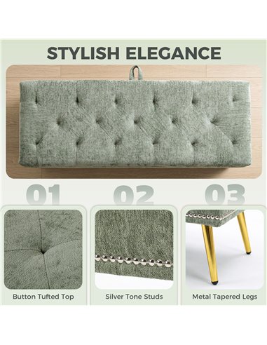 HOMCOM Storage Ottoman, Chenille Upholstered Ottoman Storage Box with Padded Seat, Metal Legs, 114 x 41 x 45 cm, Light Green