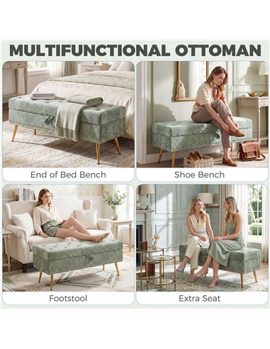 HOMCOM Storage Ottoman, Chenille Upholstered Ottoman Storage Box with Padded Seat, Metal Legs, 114 x 41 x 45 cm, Light Green
