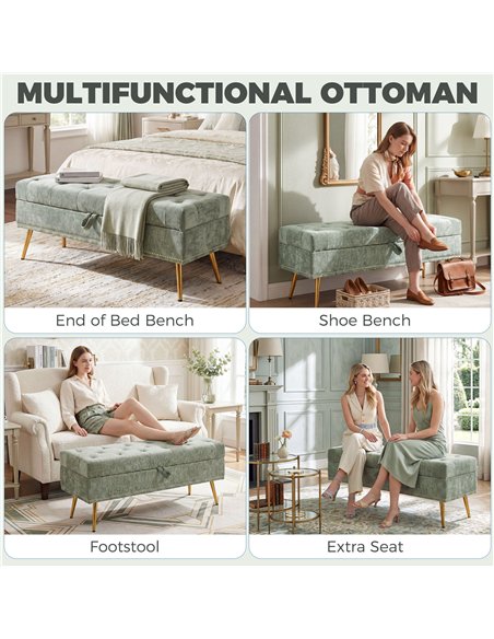 HOMCOM Storage Ottoman, Chenille Upholstered Ottoman Storage Box with Padded Seat, Metal Legs, 114 x 41 x 45 cm, Light Green - pic 208995 | FastDaddyshop