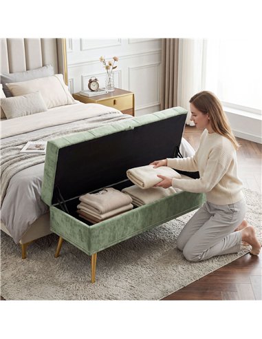 HOMCOM Storage Ottoman, Chenille Upholstered Ottoman Storage Box with Padded Seat, Metal Legs, 114 x 41 x 45 cm, Light Green