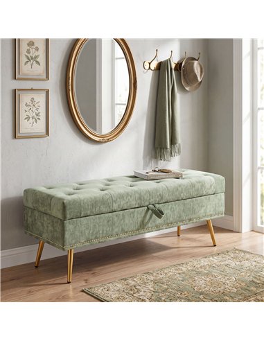 HOMCOM Storage Ottoman, Chenille Upholstered Ottoman Storage Box with Padded Seat, Metal Legs, 114 x 41 x 45 cm, Light Green