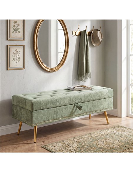 HOMCOM Storage Ottoman, Chenille Upholstered Ottoman Storage Box with Padded Seat, Metal Legs, 114 x 41 x 45 cm, Light Green - pic 208997 | FastDaddyshop