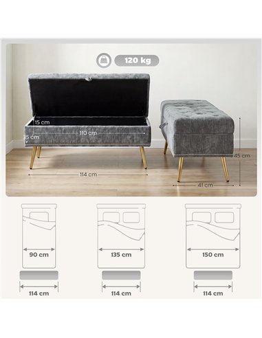 HOMCOM Storage Ottoman, Chenille Upholstered Ottoman Storage Box with Padded Seat, Metal Legs, 114 x 41 x 45 cm, Grey