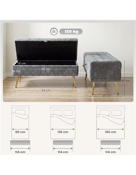 HOMCOM Storage Ottoman, Chenille Upholstered Ottoman Storage Box with Padded Seat, Metal Legs, 114 x 41 x 45 cm, Grey - pic 209000 | FastDaddyshop