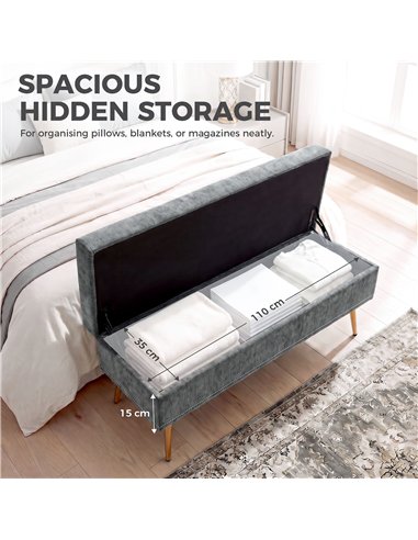 HOMCOM Storage Ottoman, Chenille Upholstered Ottoman Storage Box with Padded Seat, Metal Legs, 114 x 41 x 45 cm, Grey