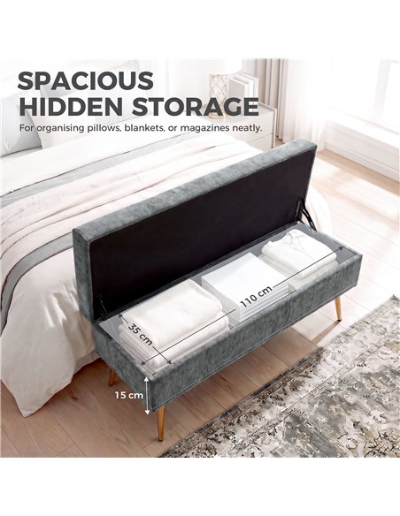 HOMCOM Storage Ottoman, Chenille Upholstered Ottoman Storage Box with Padded Seat, Metal Legs, 114 x 41 x 45 cm, Grey - pic 209001 | FastDaddyshop