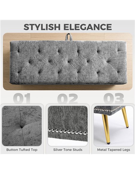 HOMCOM Storage Ottoman, Chenille Upholstered Ottoman Storage Box with Padded Seat, Metal Legs, 114 x 41 x 45 cm, Grey - pic 209003 | FastDaddyshop