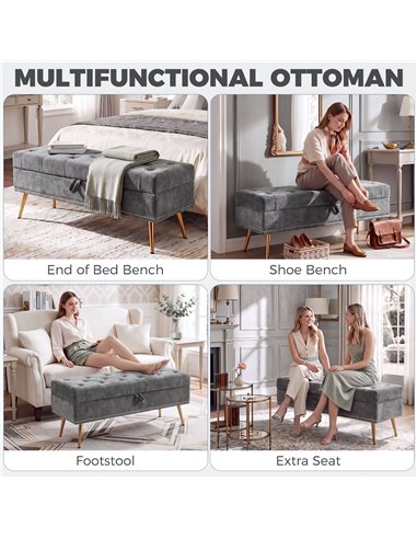 HOMCOM Storage Ottoman, Chenille Upholstered Ottoman Storage Box with Padded Seat, Metal Legs, 114 x 41 x 45 cm, Grey