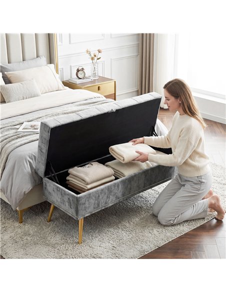 HOMCOM Storage Ottoman, Chenille Upholstered Ottoman Storage Box with Padded Seat, Metal Legs, 114 x 41 x 45 cm, Grey - pic 209005 | FastDaddyshop