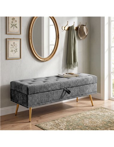 HOMCOM Storage Ottoman, Chenille Upholstered Ottoman Storage Box with Padded Seat, Metal Legs, 114 x 41 x 45 cm, Grey