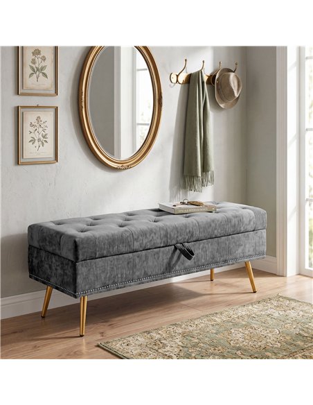 HOMCOM Storage Ottoman, Chenille Upholstered Ottoman Storage Box with Padded Seat, Metal Legs, 114 x 41 x 45 cm, Grey - pic 209006 | FastDaddyshop