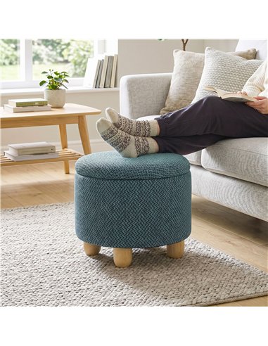 HOMCOM Storage Sitting Bench with Lid, Round Storage Ottoman with Rubberwood Legs, Dark Blue