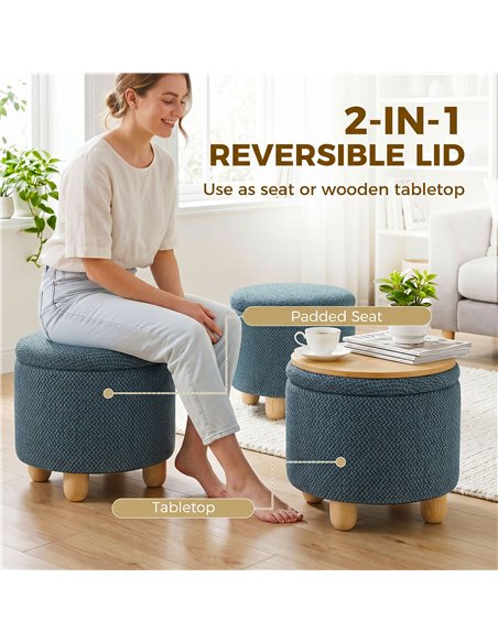 HOMCOM Storage Sitting Bench with Lid, Round Storage Ottoman with Rubberwood Legs, Dark Blue - pic 209010 | FastDaddyshop