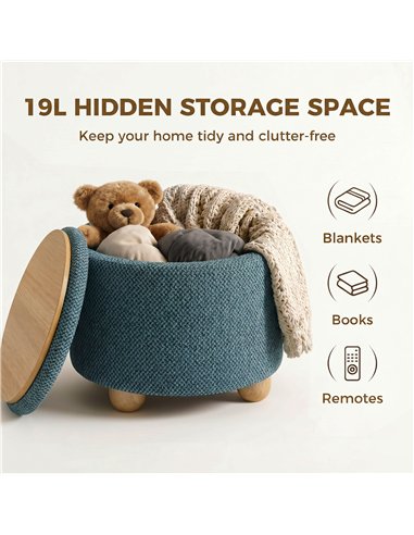 HOMCOM Storage Sitting Bench with Lid, Round Storage Ottoman with Rubberwood Legs, Dark Blue