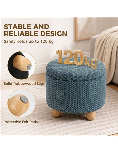 HOMCOM Storage Sitting Bench with Lid, Round Storage Ottoman with Rubberwood Legs, Dark Blue