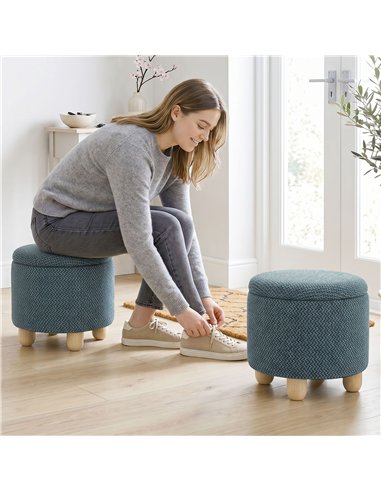 HOMCOM Storage Sitting Bench with Lid, Round Storage Ottoman with Rubberwood Legs, Dark Blue
