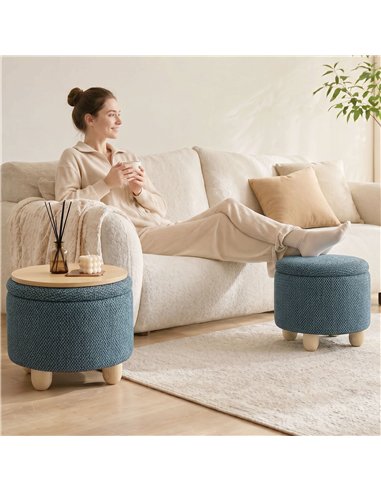 HOMCOM Storage Sitting Bench with Lid, Round Storage Ottoman with Rubberwood Legs, Dark Blue
