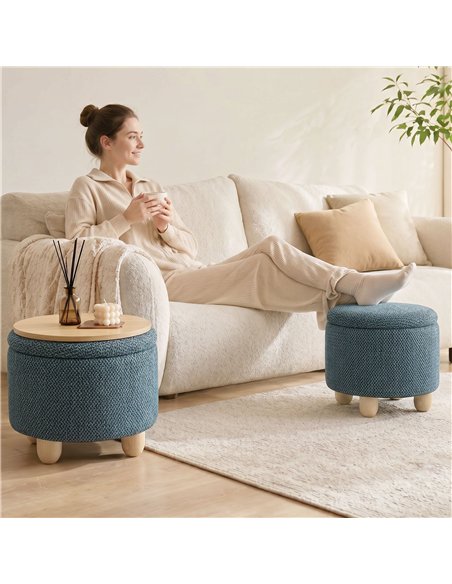 HOMCOM Storage Sitting Bench with Lid, Round Storage Ottoman with Rubberwood Legs, Dark Blue - pic 209015 | FastDaddyshop