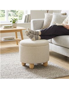 HOMCOM Storage Sitting Bench with Lid, Round Storage Ottoman with Rubberwood Legs, Beige 2