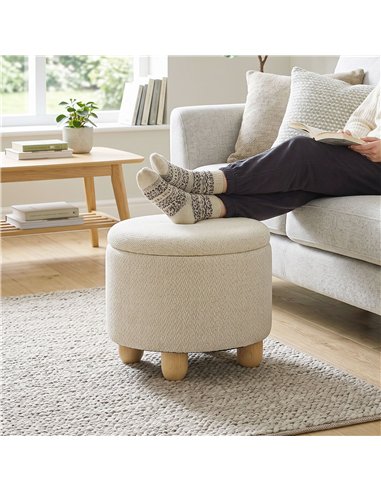 HOMCOM Storage Sitting Bench with Lid, Round Storage Ottoman with Rubberwood Legs, Beige