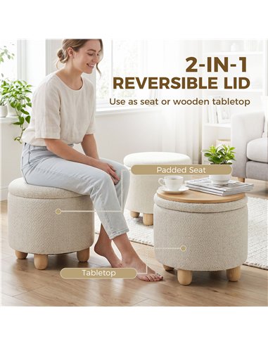 HOMCOM Storage Sitting Bench with Lid, Round Storage Ottoman with Rubberwood Legs, Beige