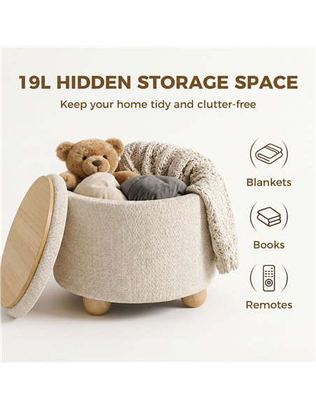 HOMCOM Storage Sitting Bench with Lid, Round Storage Ottoman with Rubberwood Legs, Beige - pic 209020 | FastDaddyshop