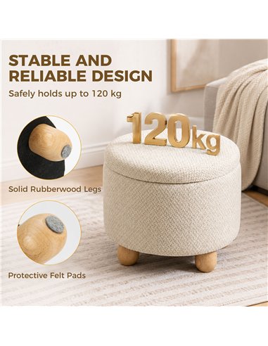 HOMCOM Storage Sitting Bench with Lid, Round Storage Ottoman with Rubberwood Legs, Beige