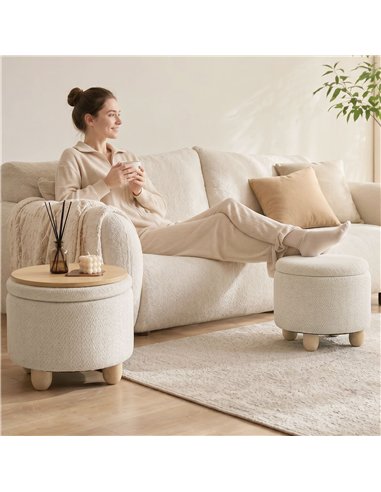 HOMCOM Storage Sitting Bench with Lid, Round Storage Ottoman with Rubberwood Legs, Beige