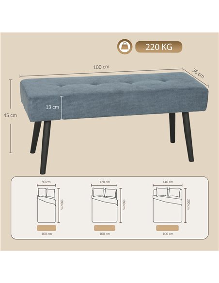 HOMCOM Upholstered Bedroom Entryway Bench, Modern Corduroy Tufted End of Bed Bench with Padded Seat and Steel Legs, Blue - pic 209036 | FastDaddyshop